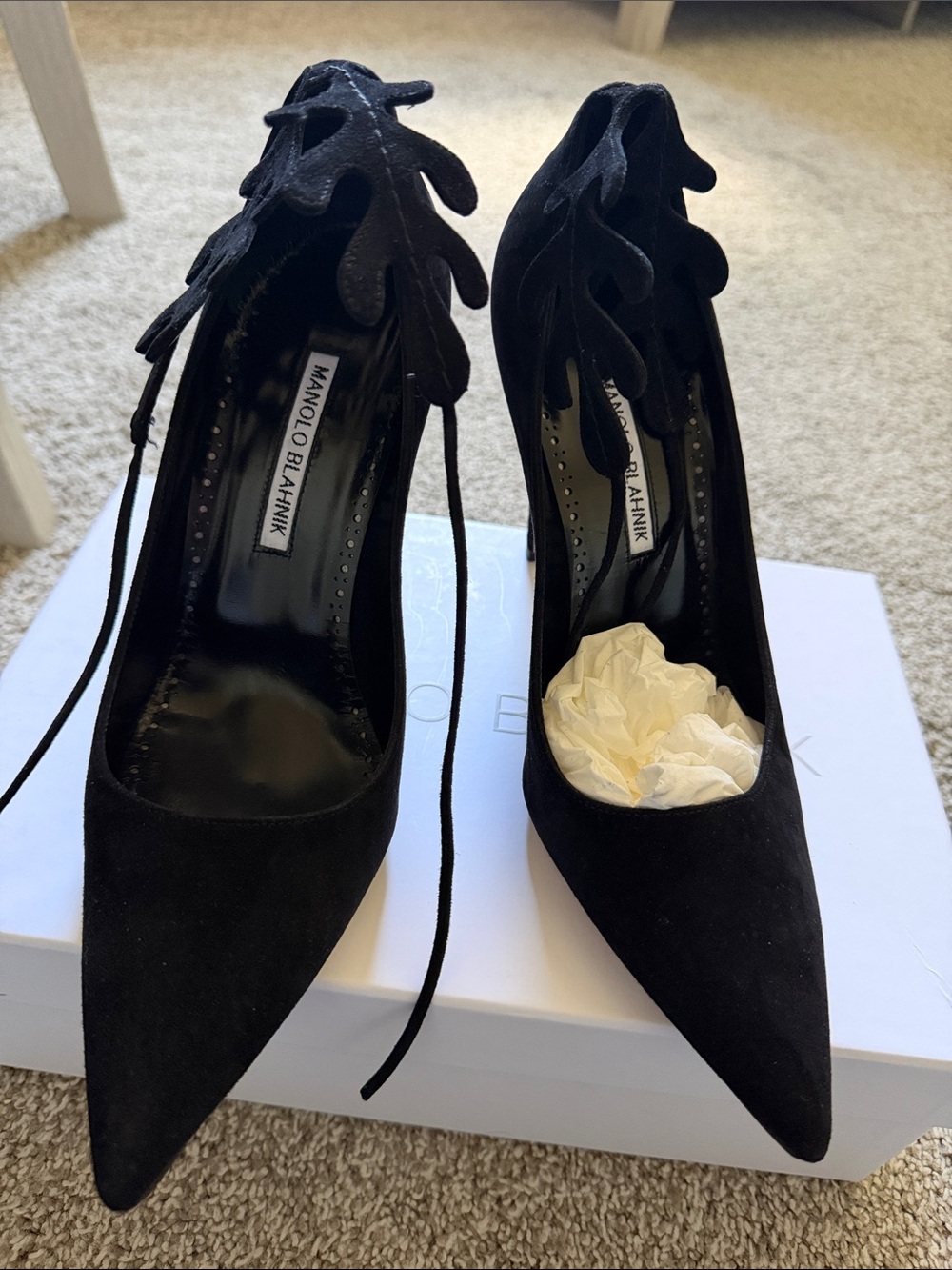 Manolo Blahnik Black Suede Pointed-Toe Lace-Up Heels
